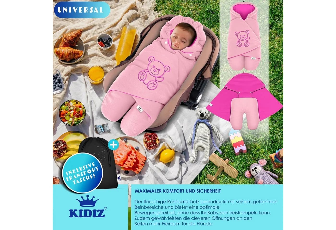 KIDIZ Baby Einschlagdecke Rosa Polyester mit Kapuze & Tasche - Bild 3