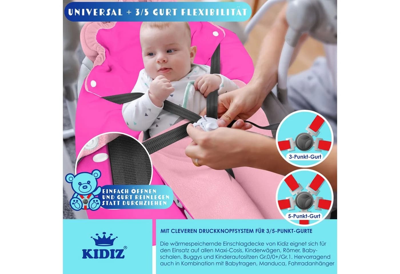 KIDIZ Baby Einschlagdecke Rosa Polyester mit Kapuze & Tasche - Bild 4