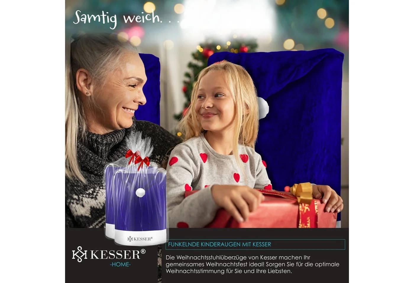 KESSER Premium Weihnachtsstuhlüberzug Set 2er Blau/Rot Polyester - Bild 3