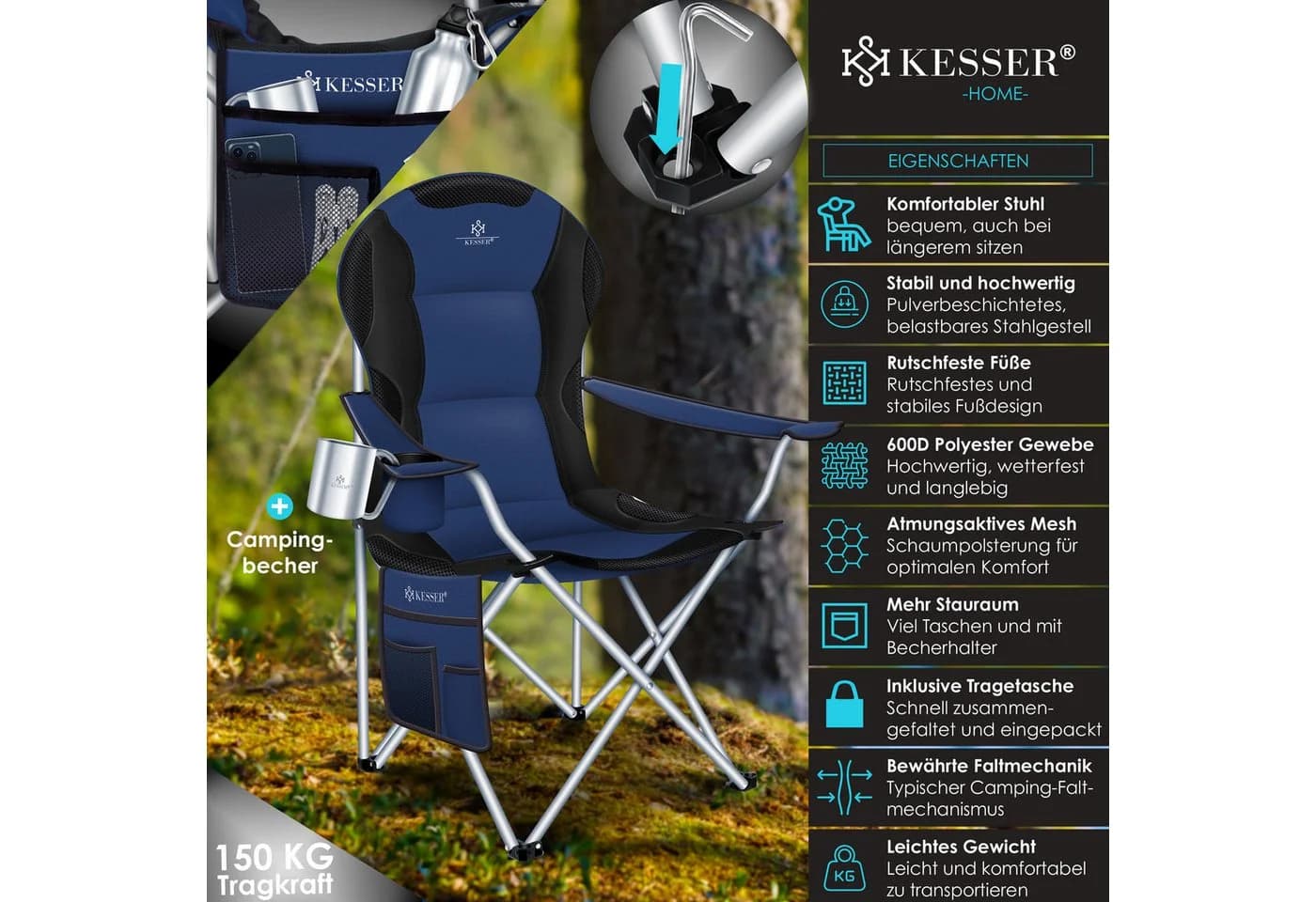 KESSER® Campingstuhl Faltbar 150kg Gepolstert mit Armlehnen - Bild 2