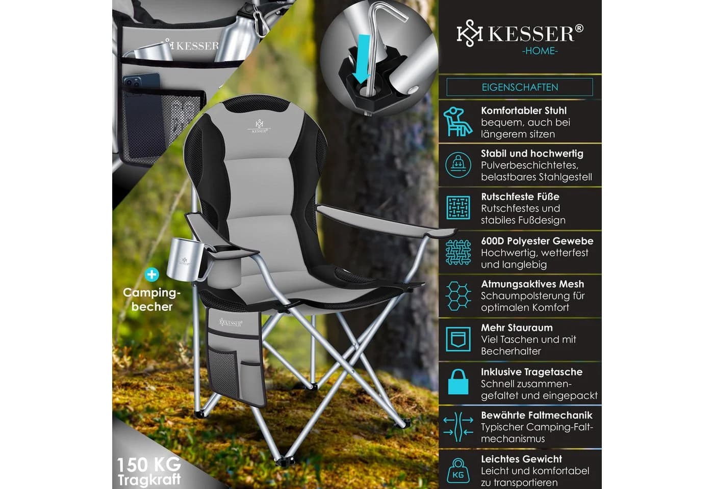 KESSER Campingstuhl Faltbar 150kg Tragkraft Grün - Bild 2