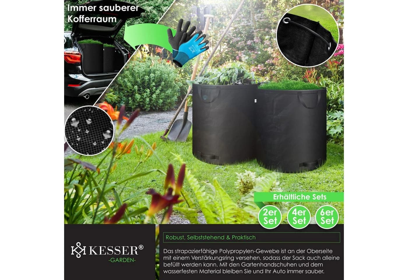 KESSER Gartensack 500 l Schwarz 2-tlg. mit Handschuhe - Bild 4