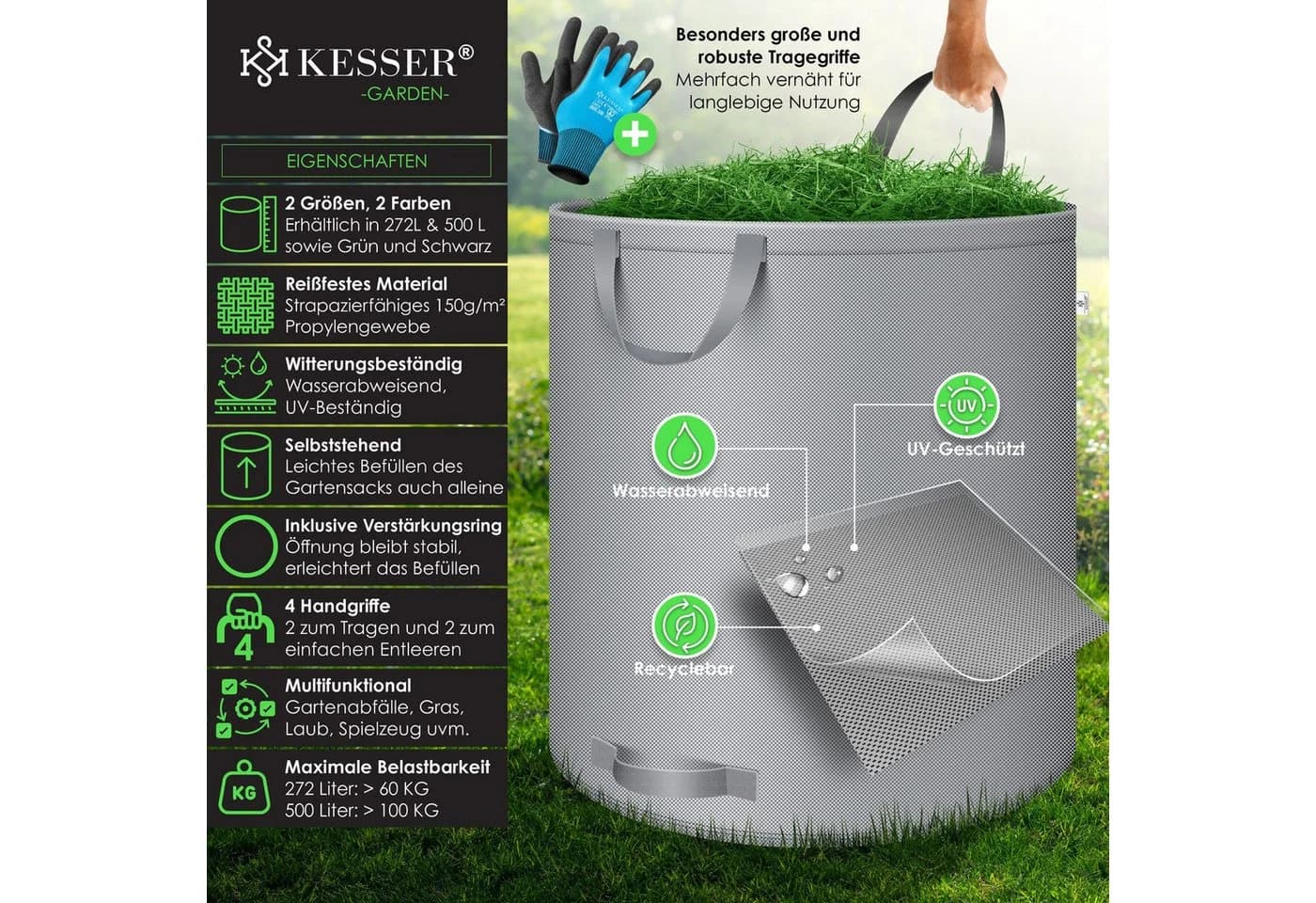 KESSER Gartensack Set 500 l Grau/Grün UV-beständig