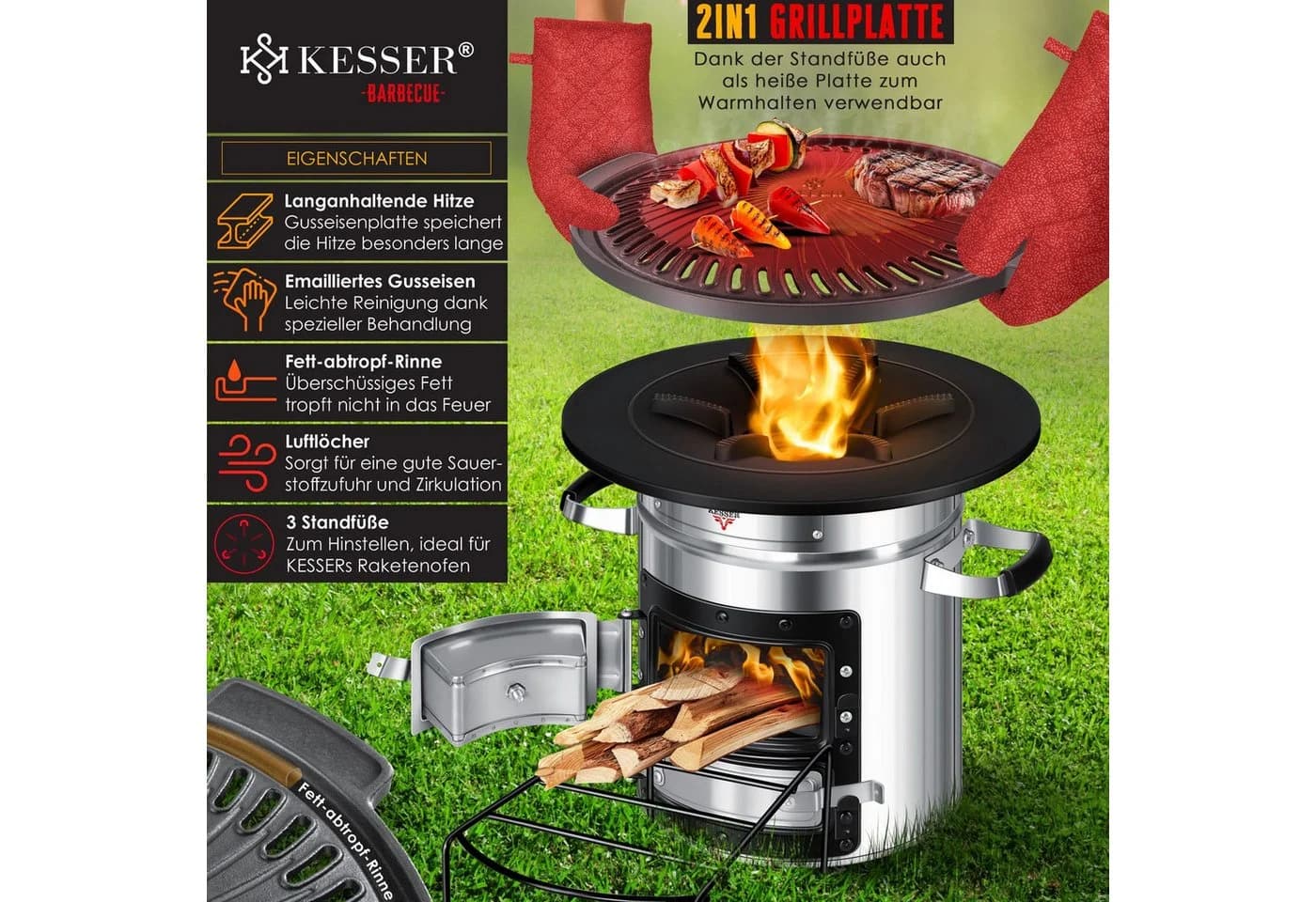 KESSER Raketenofen mit Grillpfanne aus Gusseisen und Tragetasche