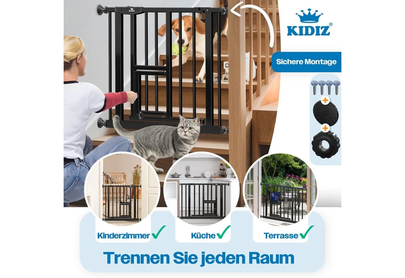 KIDIZ Türschutzgitter mit Katzenklappe Schwarz Klemmbar - Bild 5