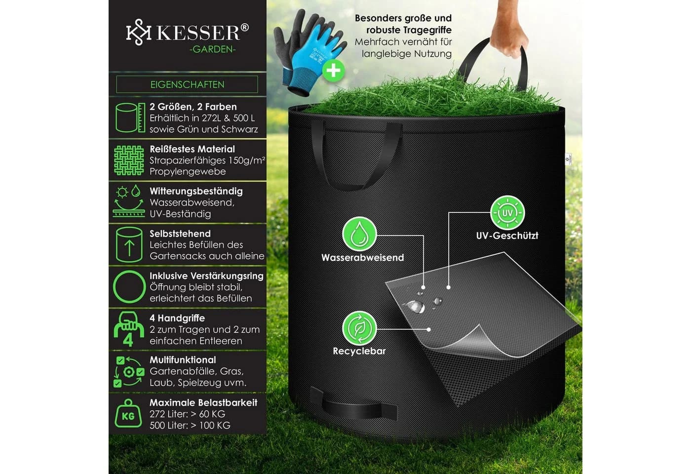 KESSER Gartensack 272 l Schwarz 6-tlg. mit Handschuhen