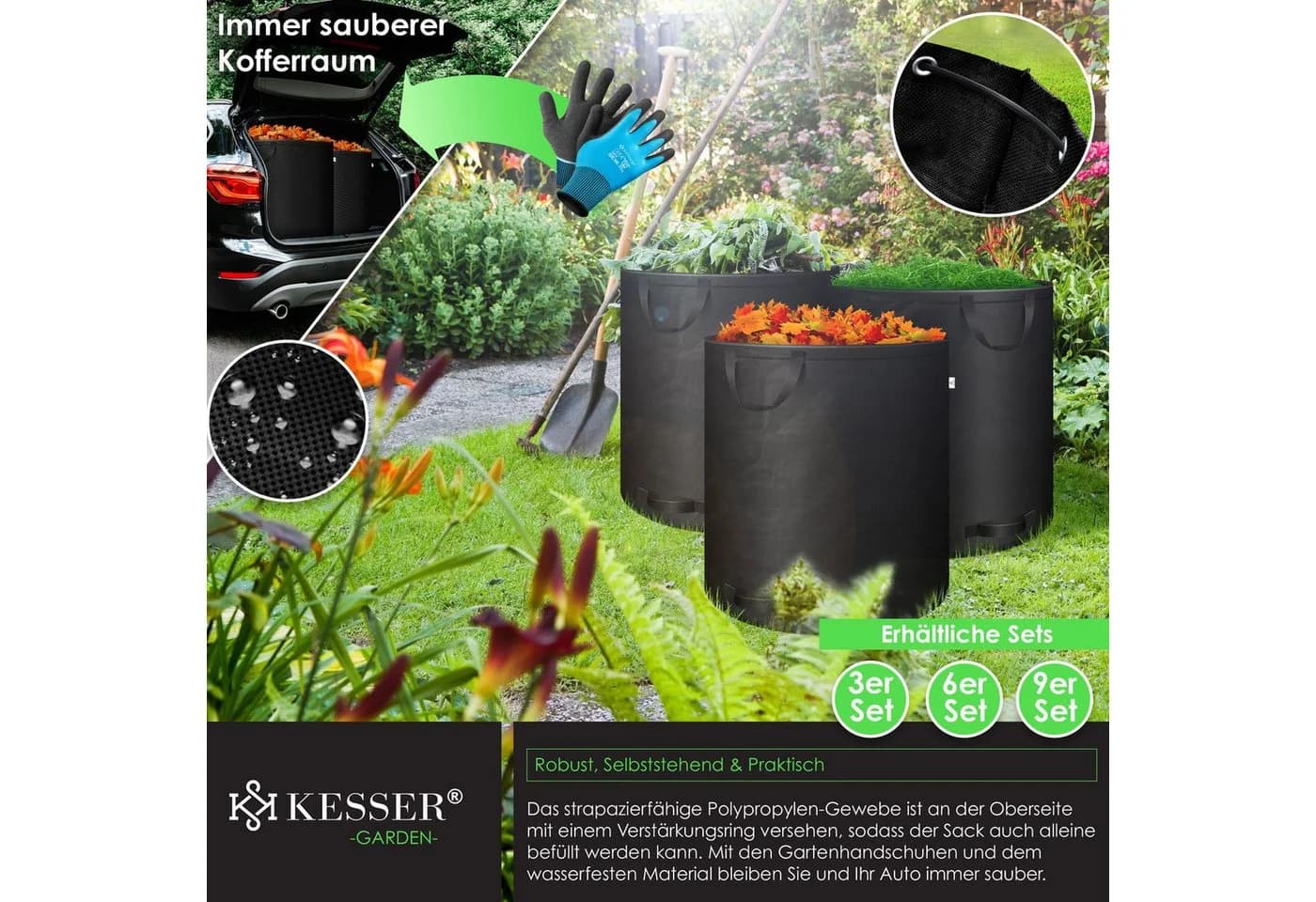 KESSER Gartensack 272 l Schwarz 6-tlg. mit Handschuhen - Bild 4