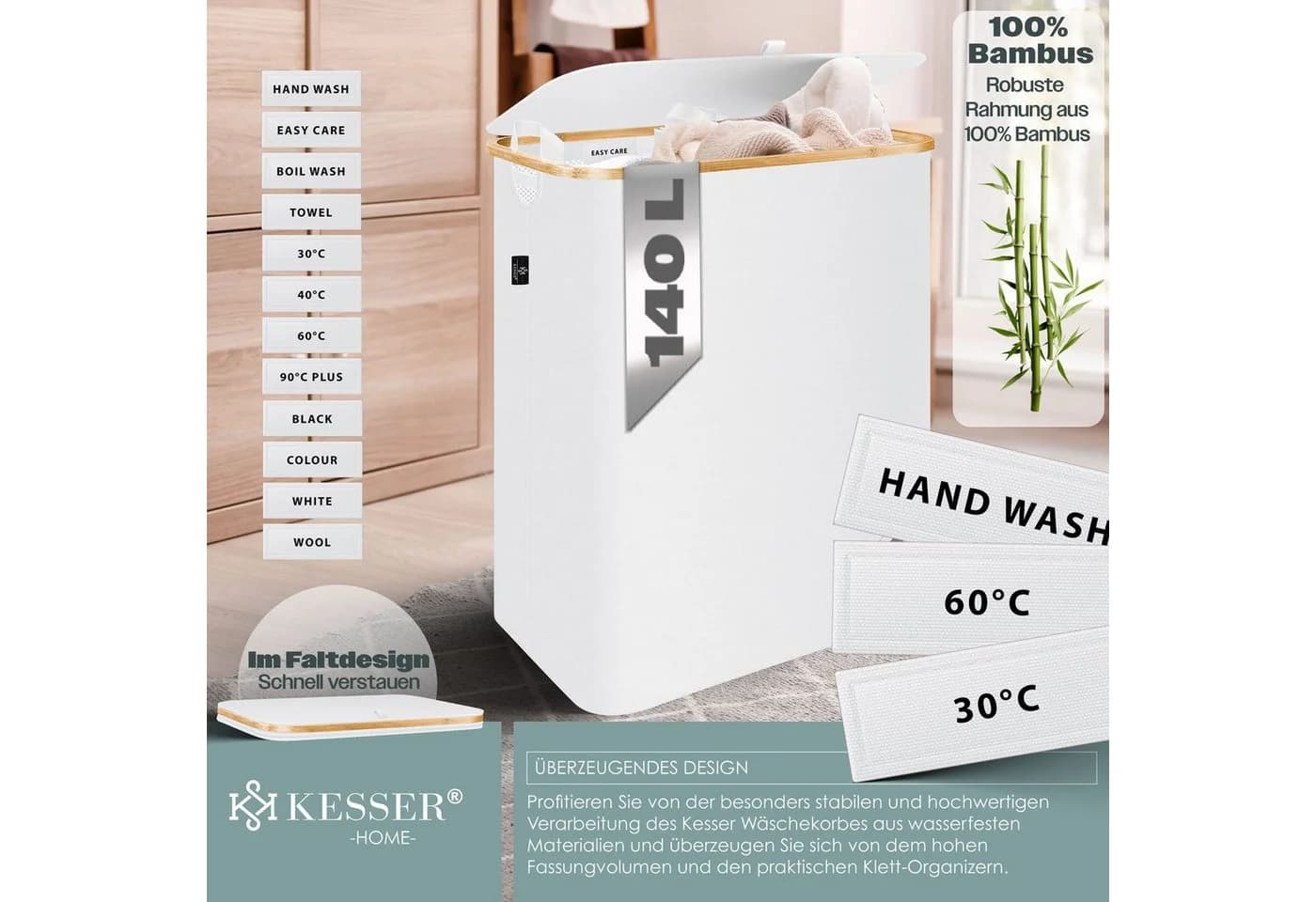 KESSER Wäschekorb mit Deckel faltbar Wäschebox Wäschetruhe Wäschesammler mit herausnehmbaren Wäschesäcke - Bild 3