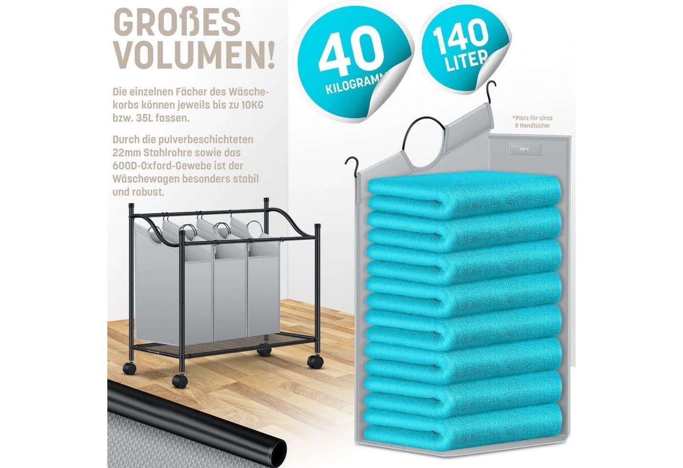 Wäschekorb, Wäschesammler, Wäschesortierer, Wäschebox, Wäschewagen aus 600D-Oxford-Gewebe - Bild 3