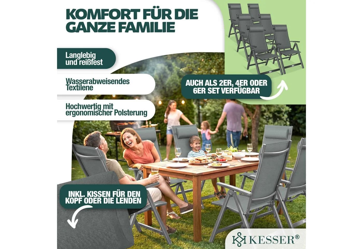 KESSER Gartenstuhl Hochlehner Aluminium Klappstuhl Anthrazit mit Kopfkissen - Bild 2