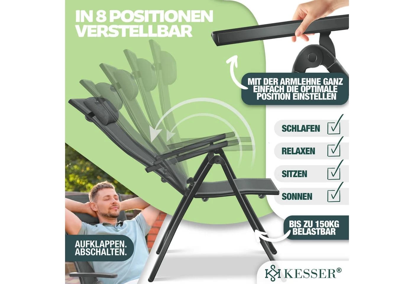 KESSER Gartenstuhl Hochlehner Aluminium Klappstuhl Anthrazit mit Kopfkissen - Bild 4