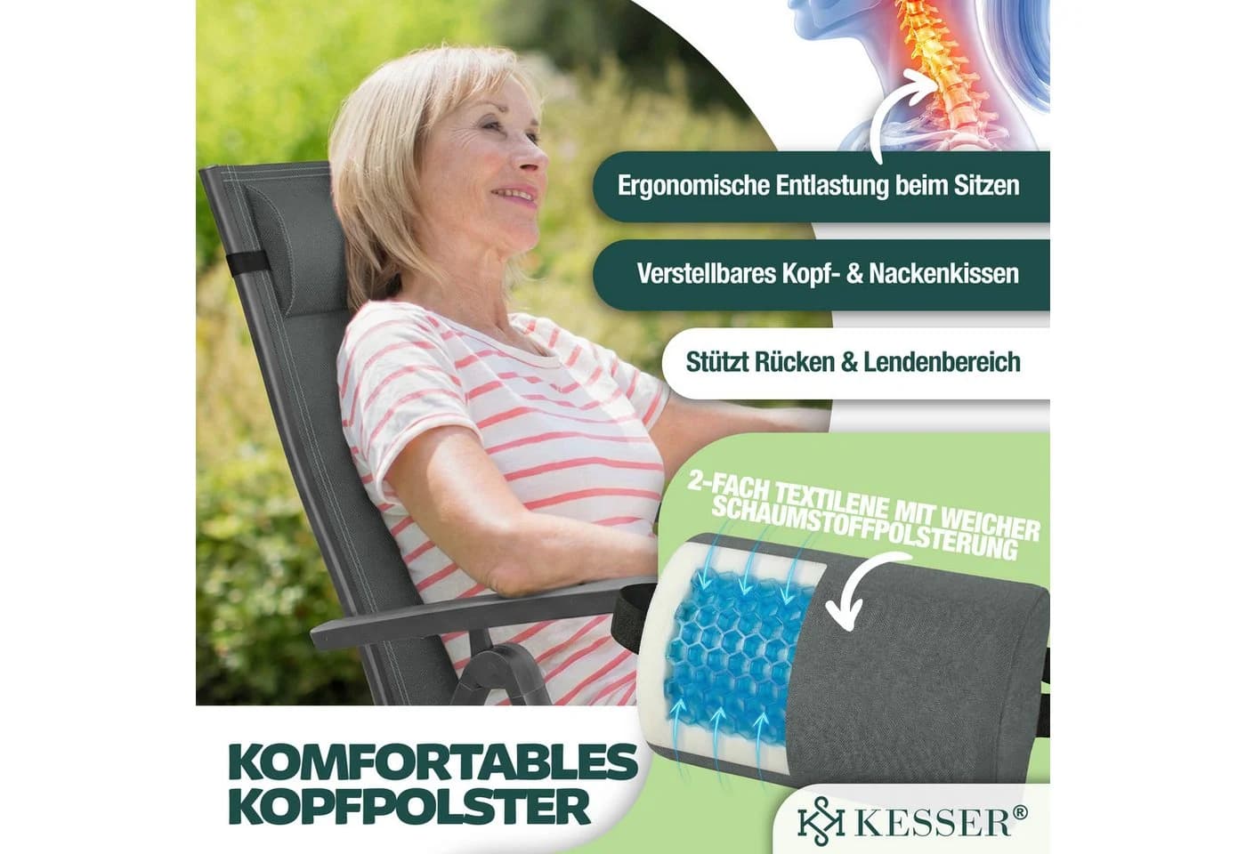 KESSER Gartenstuhl Hochlehner Aluminium Klappstuhl Anthrazit mit Kopfkissen - Bild 5