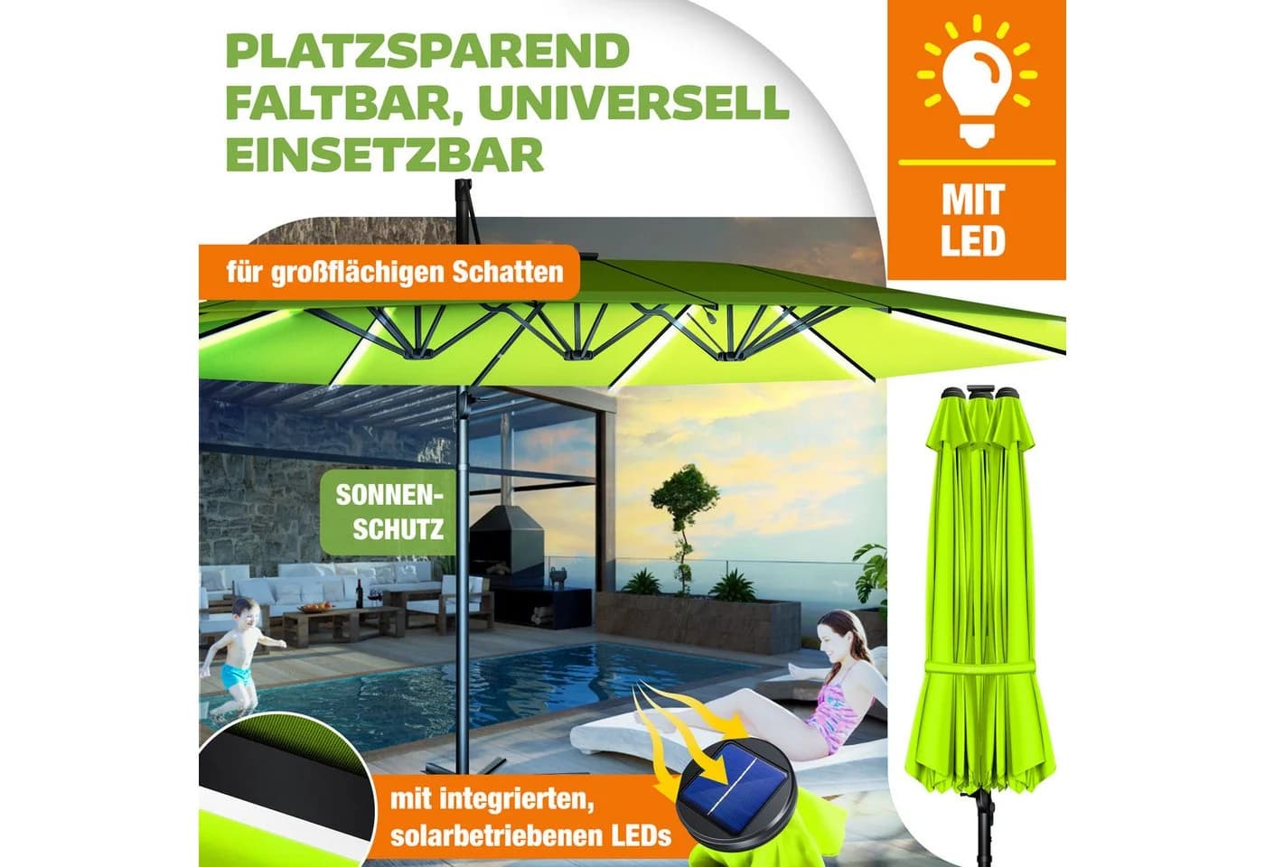 Doppelsonnenschirm aus Aluminium, Ampelfarbe, 460x270cm - Bild 5