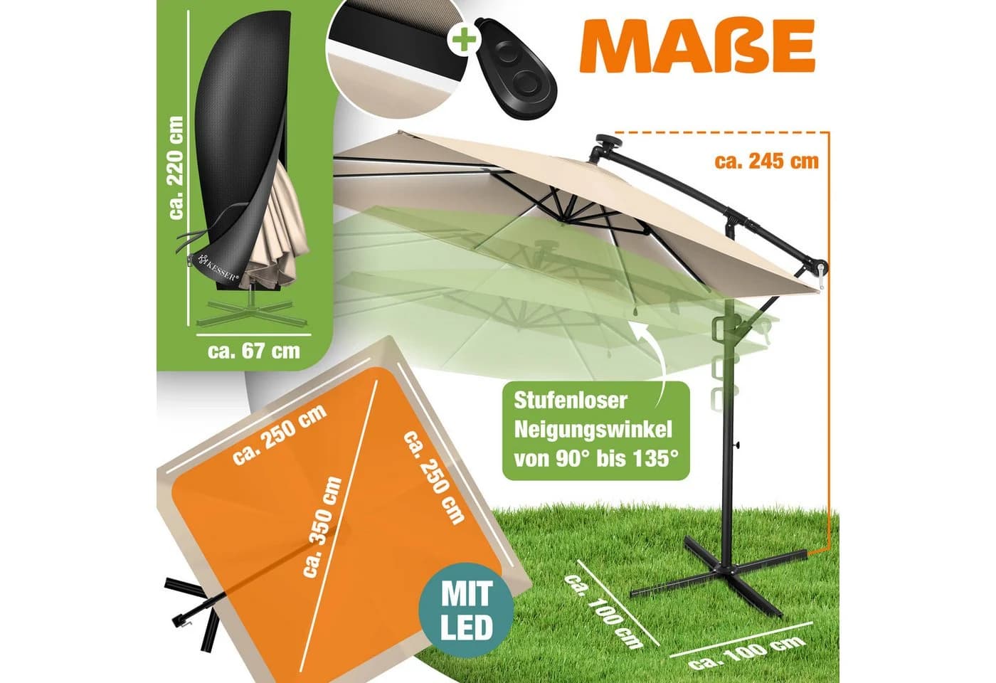 KESSER Ampelschirm Holly Beige mit Kurbel und UV-Schutz - Bild 2