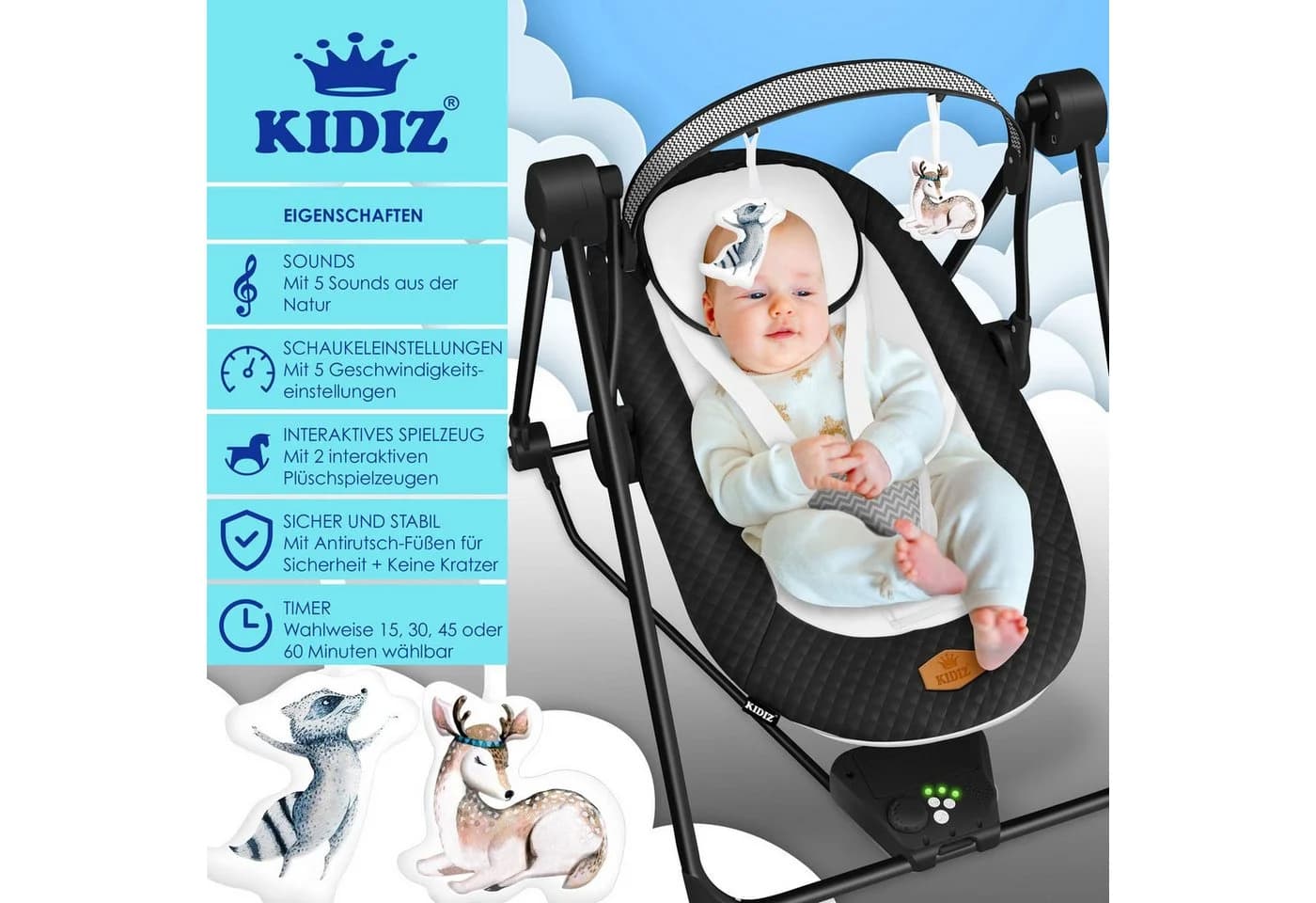 KIDIZ Babywippe Babyschaukel mit 5 Geschwindigkeiten & USB - Bild 2