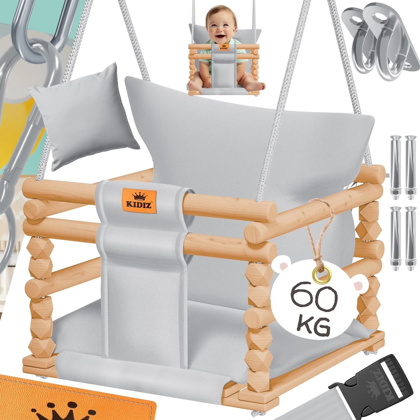 KIDIZ Babyschaukel mit Polsterung - Höhenverstellbar Buchenholz