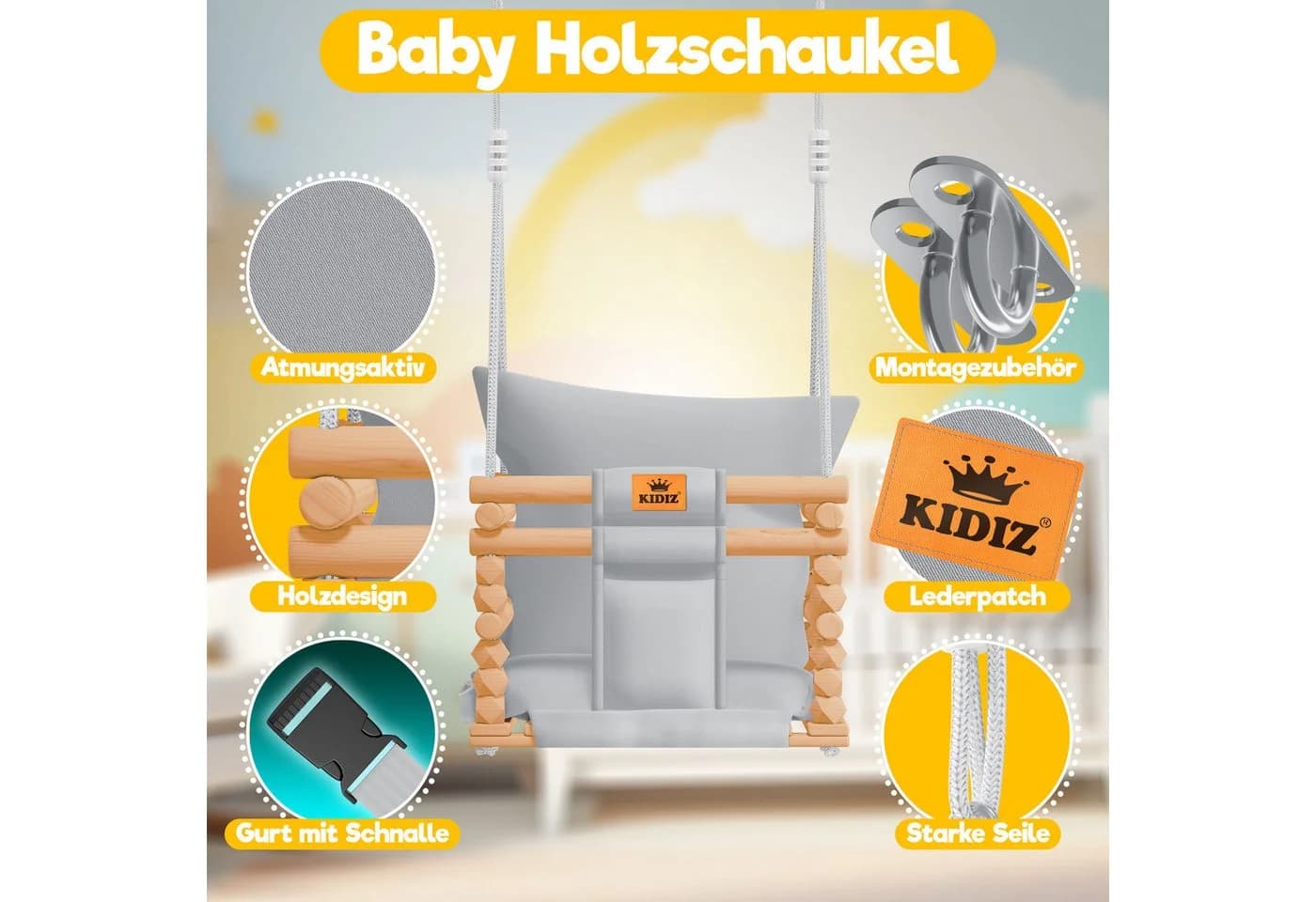 KIDIZ Babyschaukel mit Polsterung - Höhenverstellbar Buchenholz - Bild 2