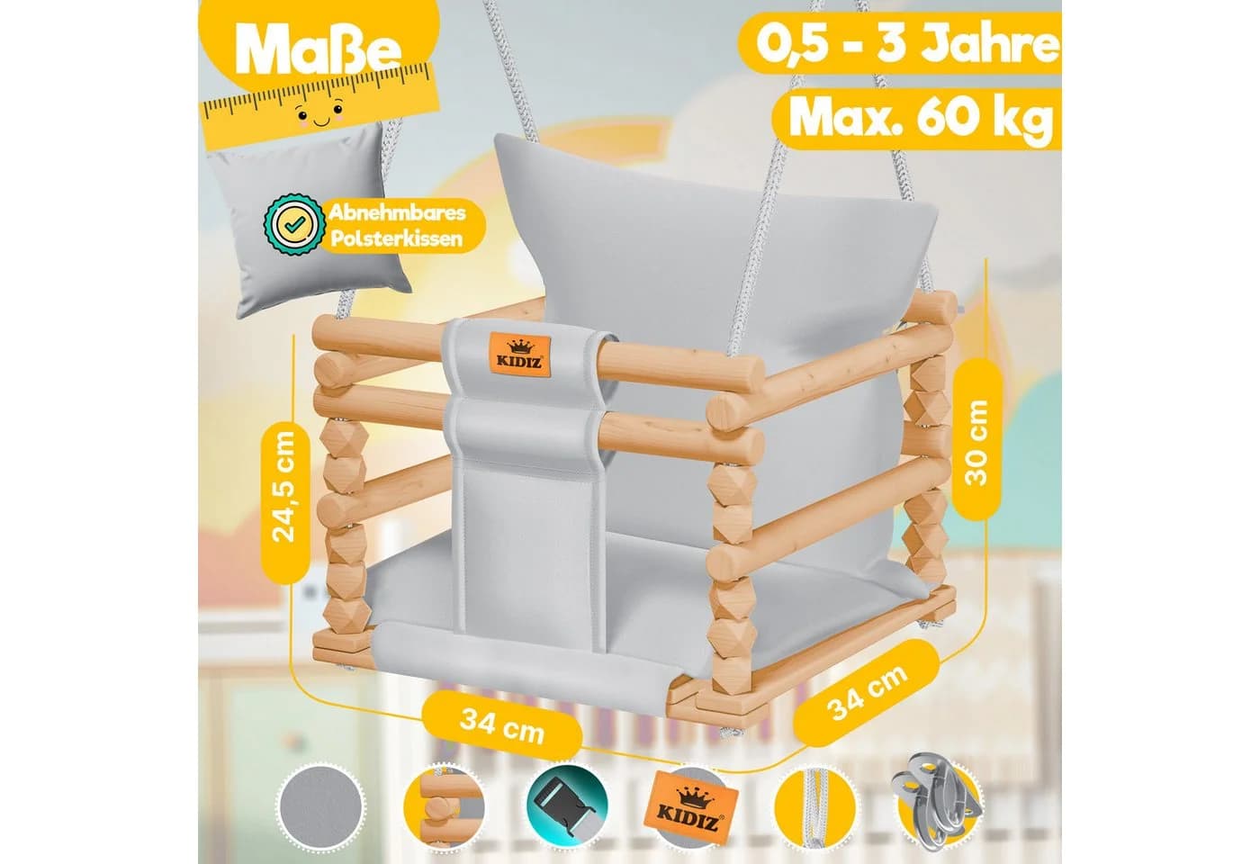 KIDIZ Babyschaukel mit Polsterung - Höhenverstellbar Buchenholz - Bild 4