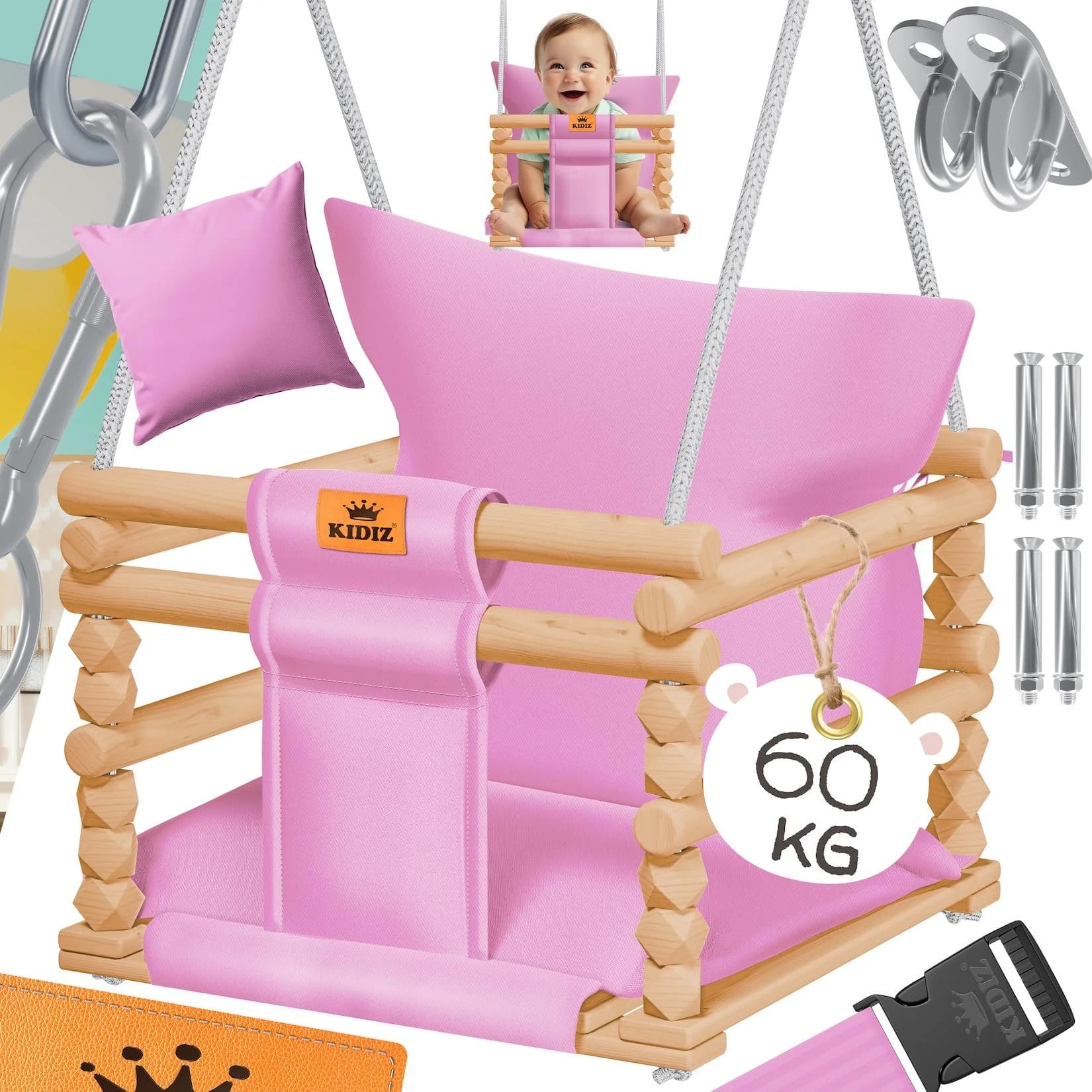 KIDIZ Babyschaukel Holz mit Polsterung & Sicherheitsgurt