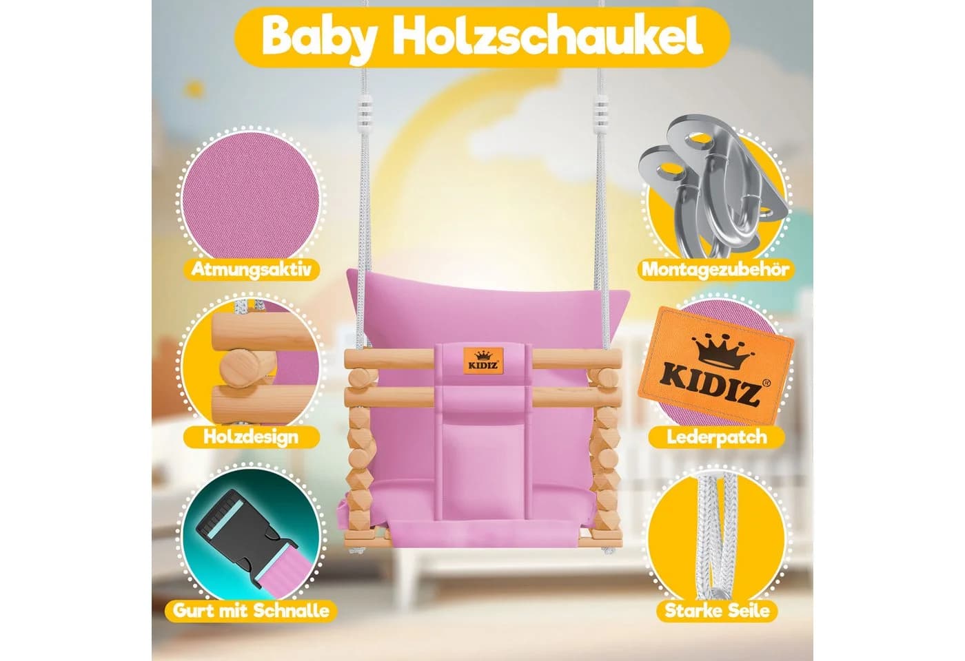 KIDIZ Babyschaukel Holz mit Polsterung & Sicherheitsgurt - Bild 2