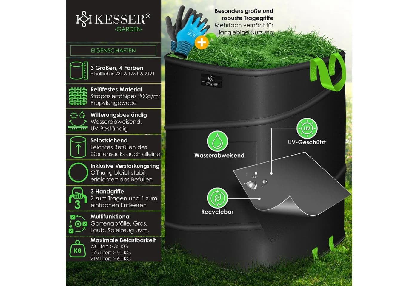 KESSER Gartensack 73l Pop-Up Schwarz mit Handschuhen