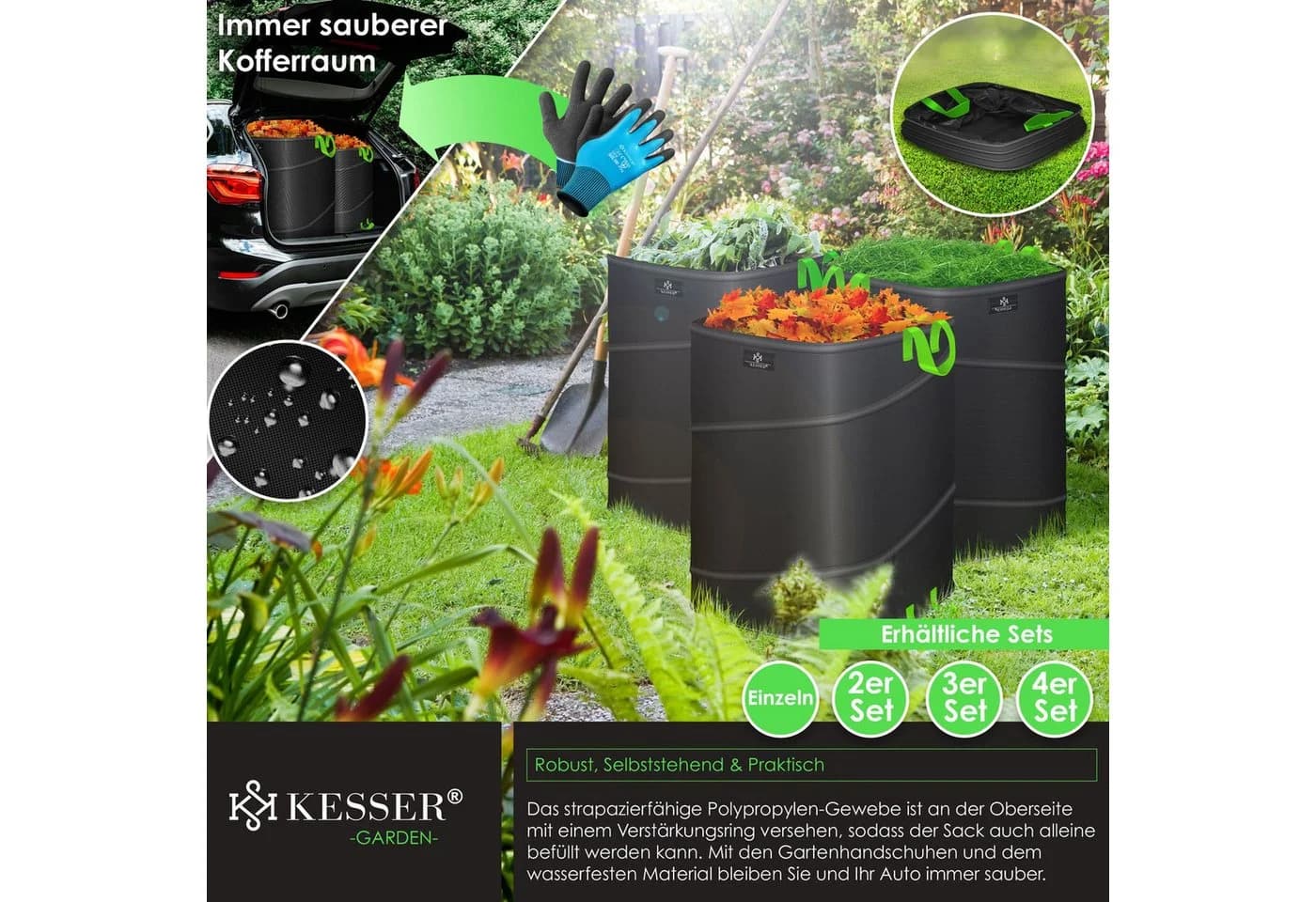 KESSER Gartensack 73l Pop-Up Schwarz mit Handschuhen - Bild 4