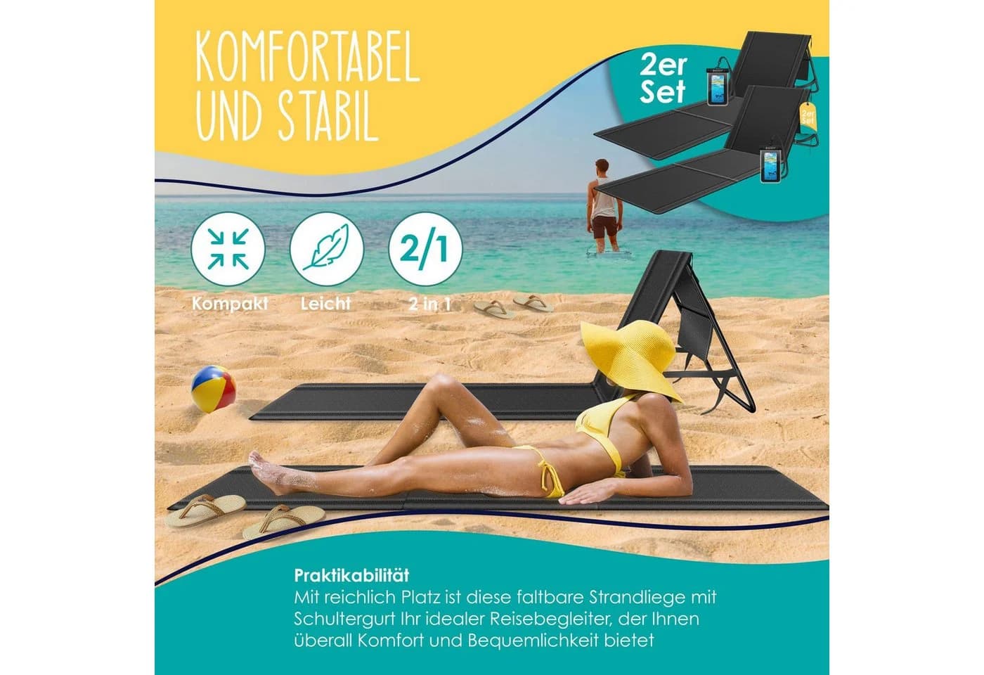 KESSER Gartenliege Strandmatte klappbar mit verstellbarer Rückenlehne Schwarz - Bild 3