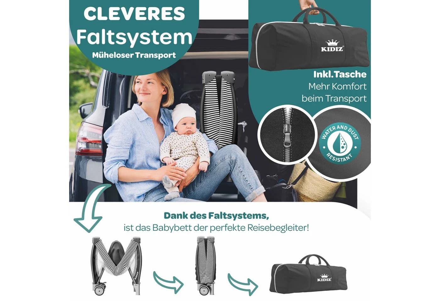 KIDIZ Baby-Reisebett 3in1 mit Wickeltisch und Spielzeug