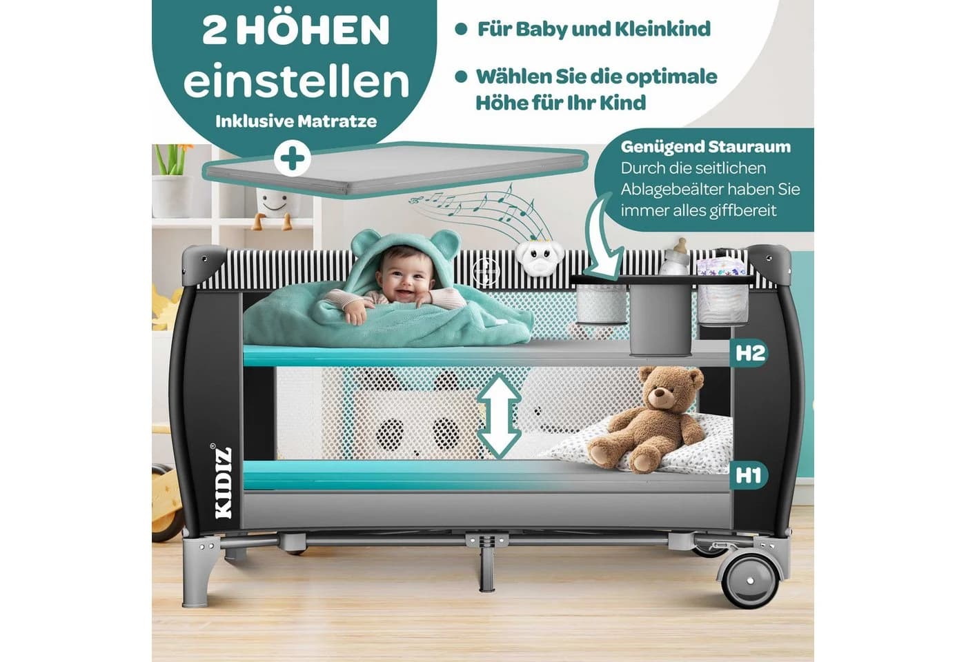 KIDIZ Baby-Reisebett 3in1 mit Wickeltisch und Spielzeug - Bild 3