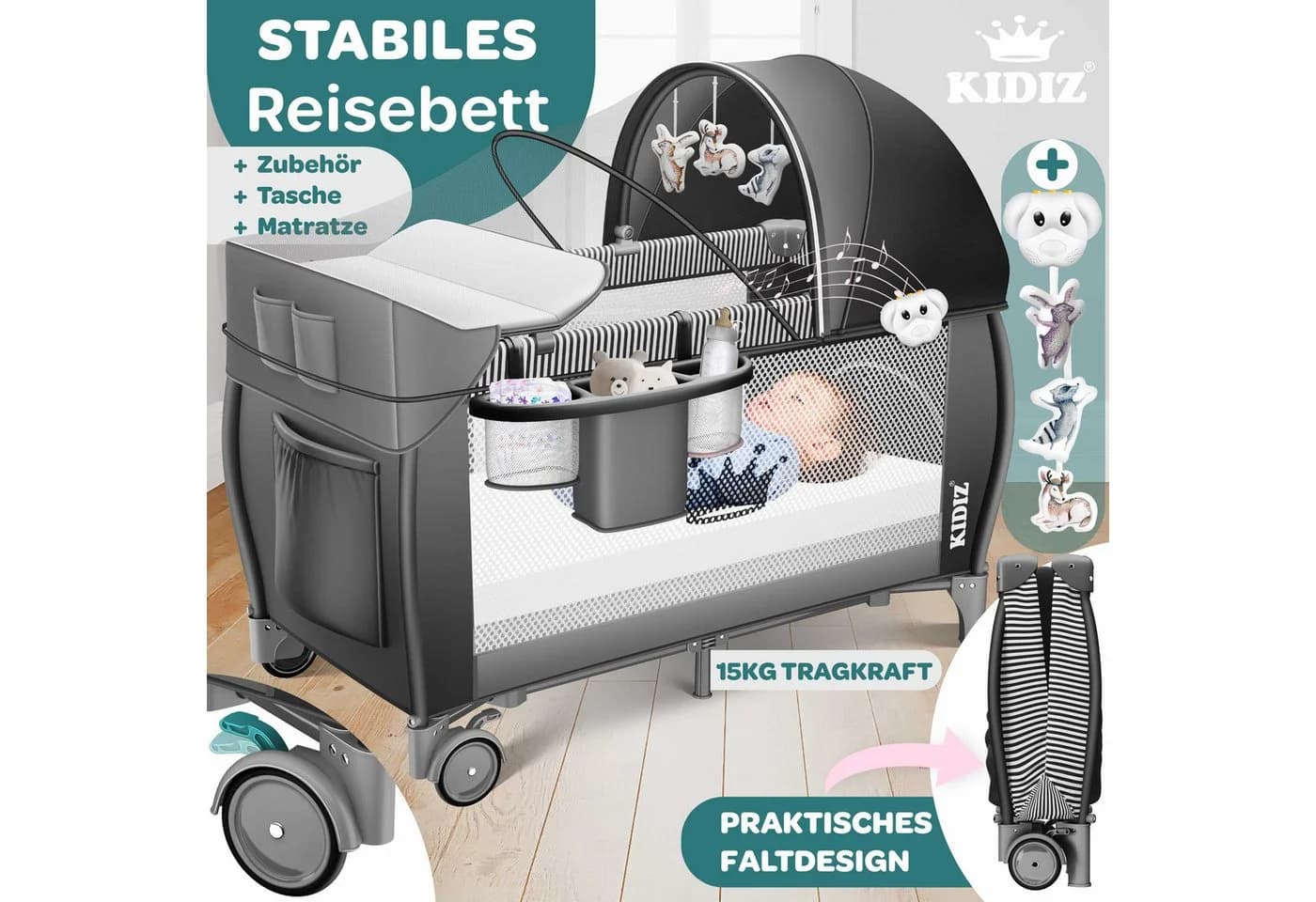 KIDIZ Baby-Reisebett 3in1 mit Wickeltisch und Spielzeug - Bild 4