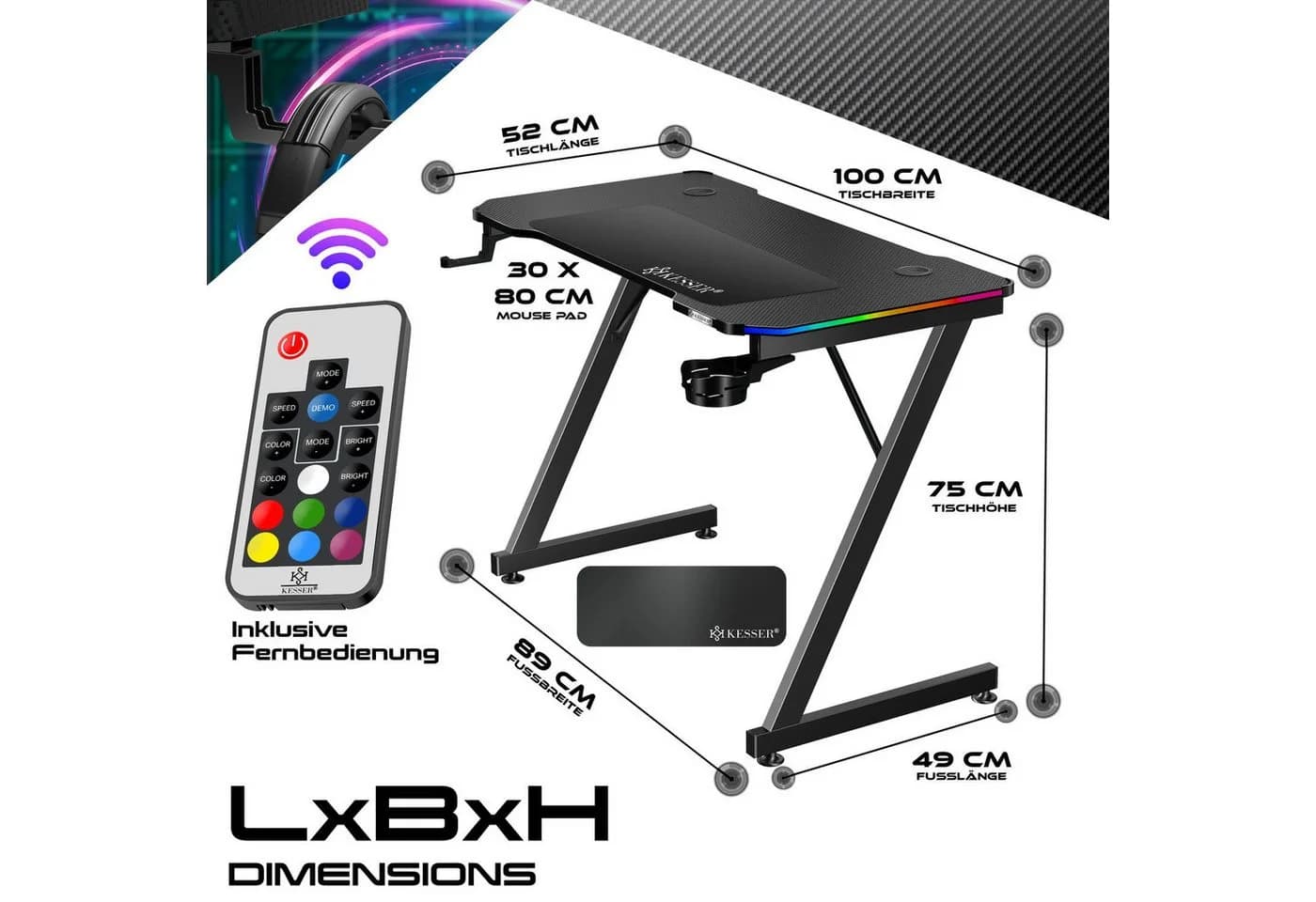 KESSER Gamingtisch mit LED Beleuchtung und Getränkehalter - Bild 4