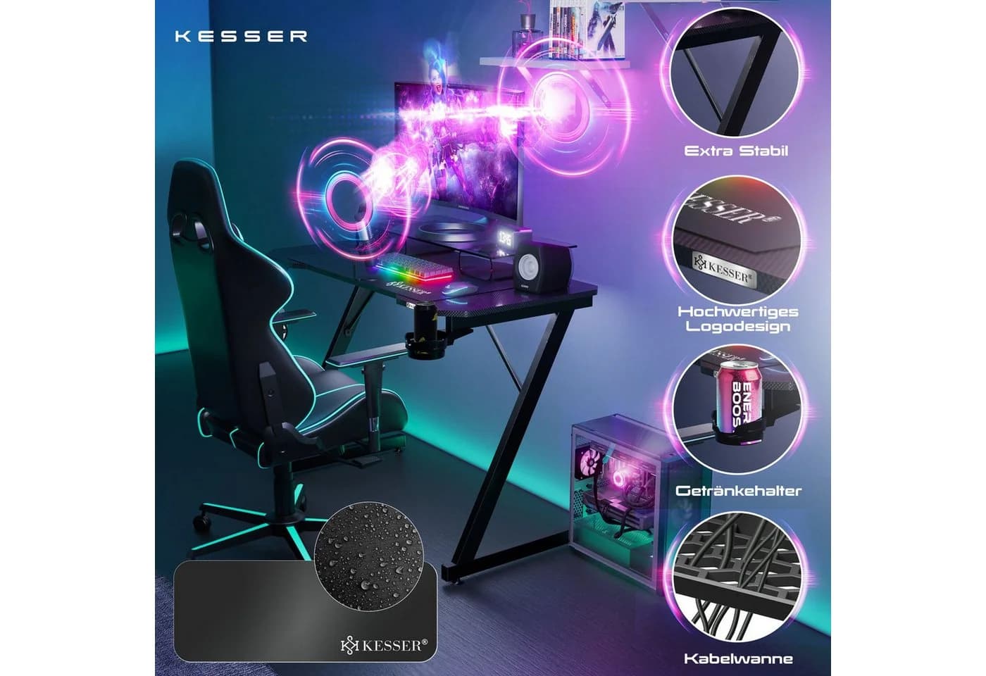 KESSER Gamingtisch, Gaming Schreibtisch mit Getränkehalter Ergonomischer Gamer Tisch