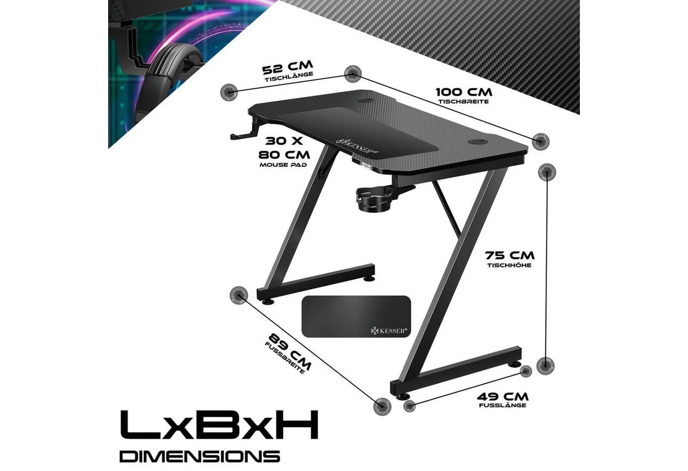 KESSER Gamingtisch, Gaming Schreibtisch mit Getränkehalter Ergonomischer Gamer Tisch - Bild 4