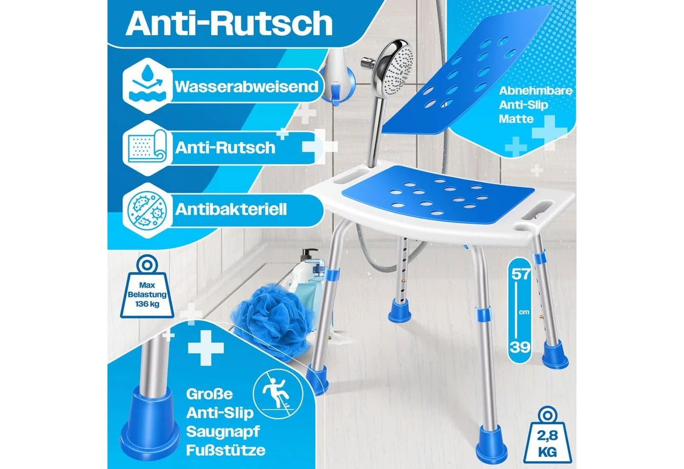 KESSER Badhocker Duschhocker höhenverstellbar weiß/blau