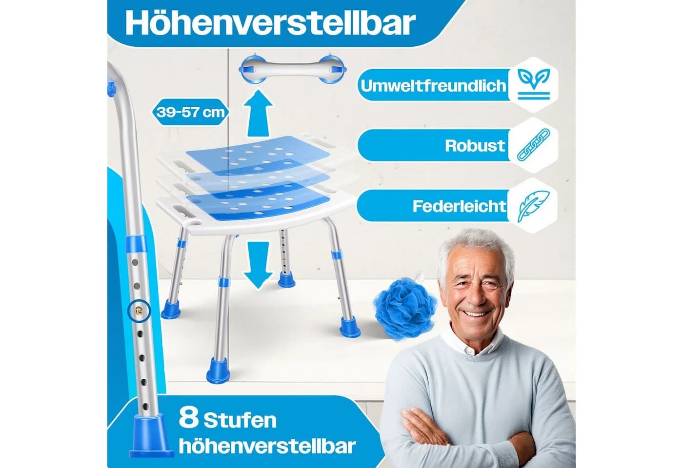 KESSER Badhocker Duschhocker höhenverstellbar weiß/blau - Bild 3