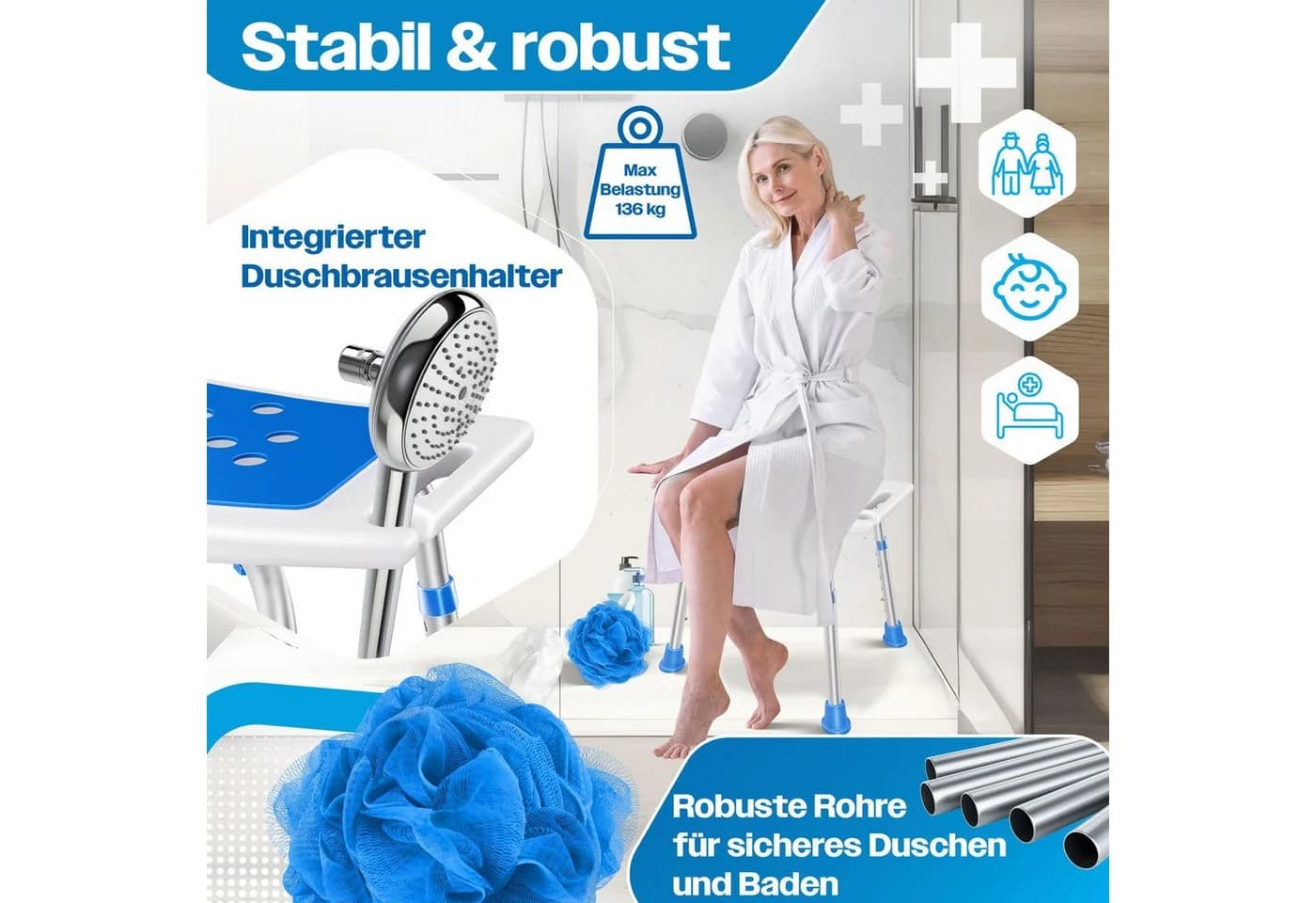 KESSER Badhocker Duschhocker höhenverstellbar weiß/blau - Bild 5