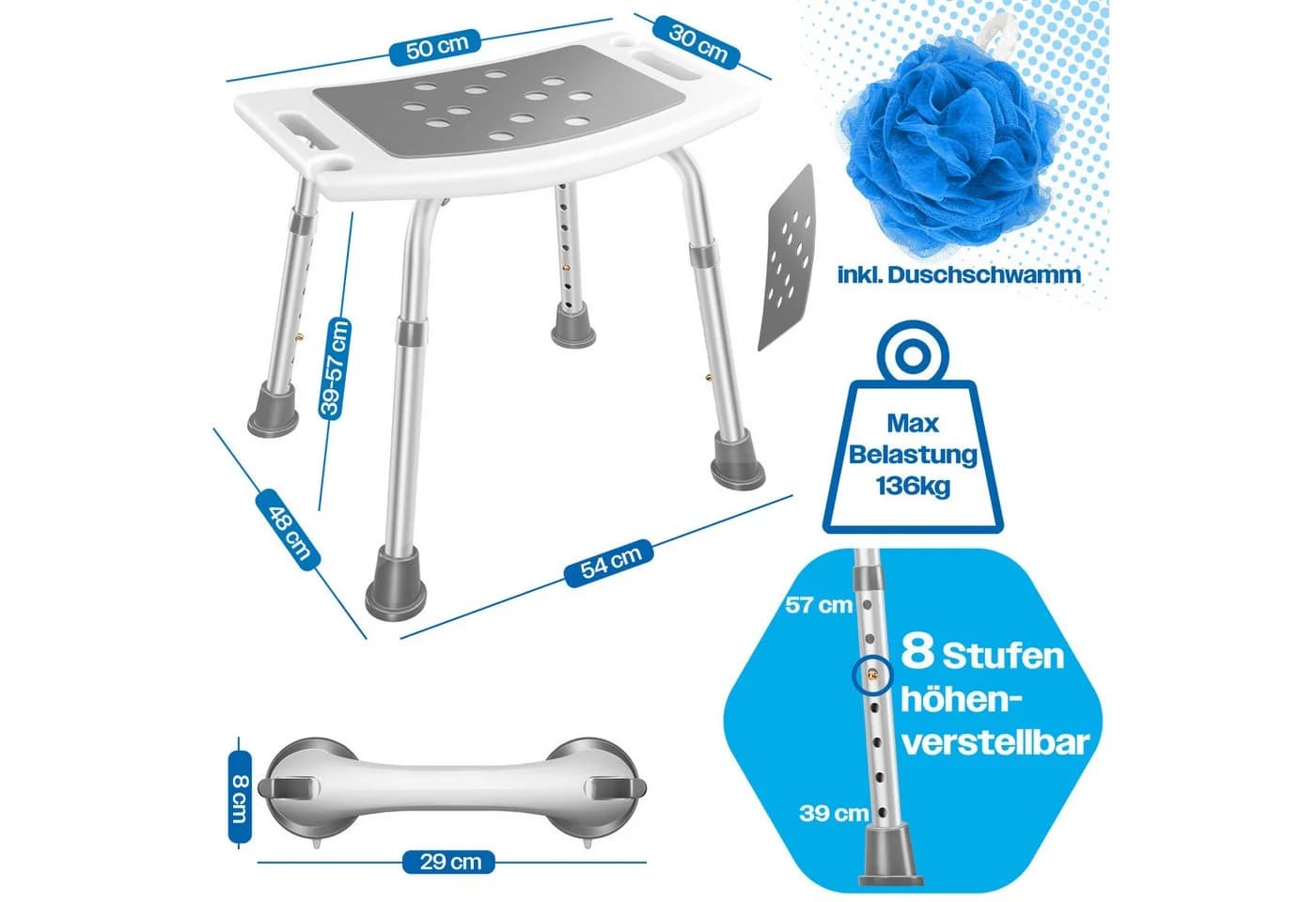 KESSER Duschhocker höhenverstellbar 136kg belastbar Weiß/Grau - Bild 4