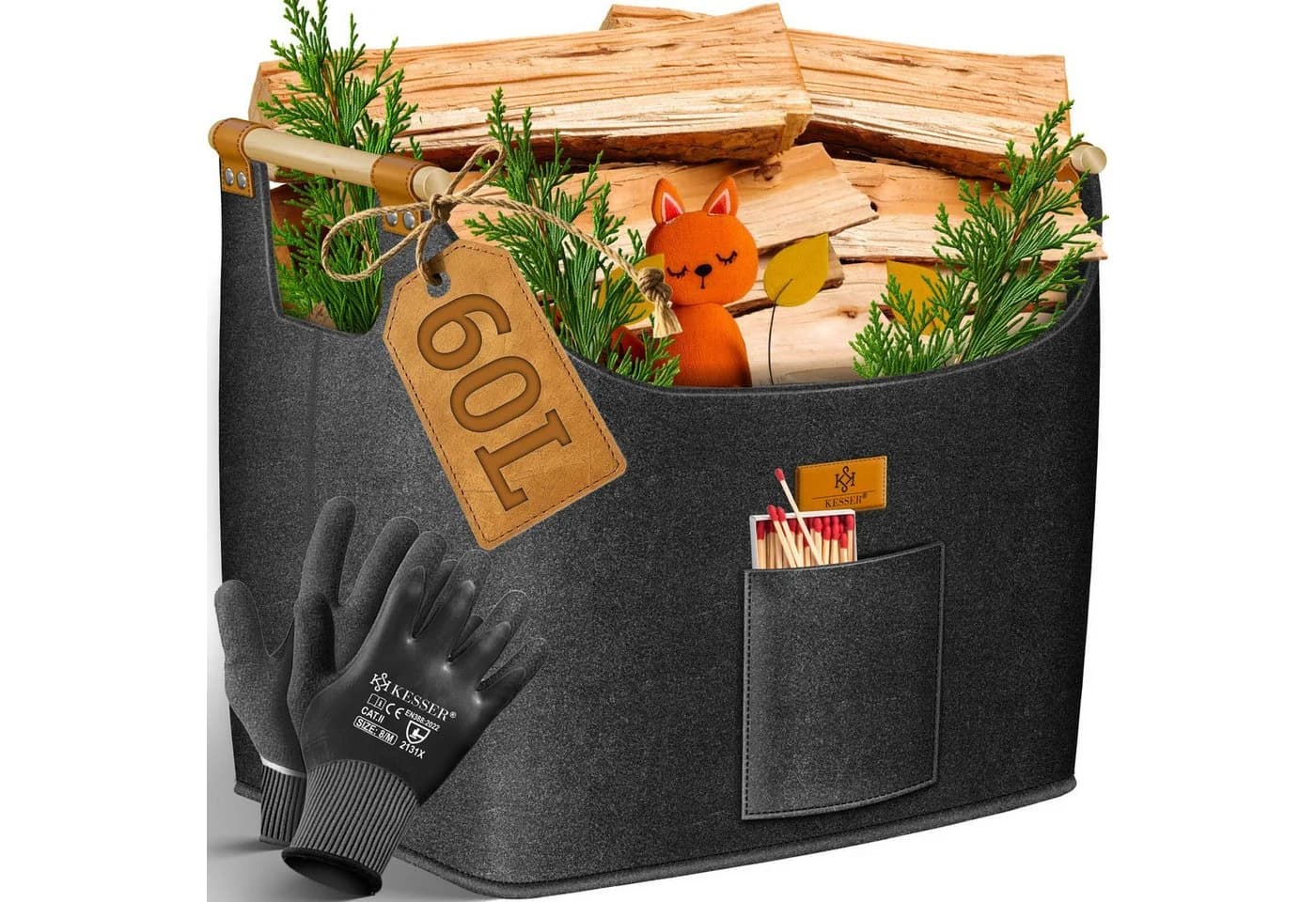 KESSER Brennholzkorb XL Anthrazit Filz mit Holzgriffen - Bild 2