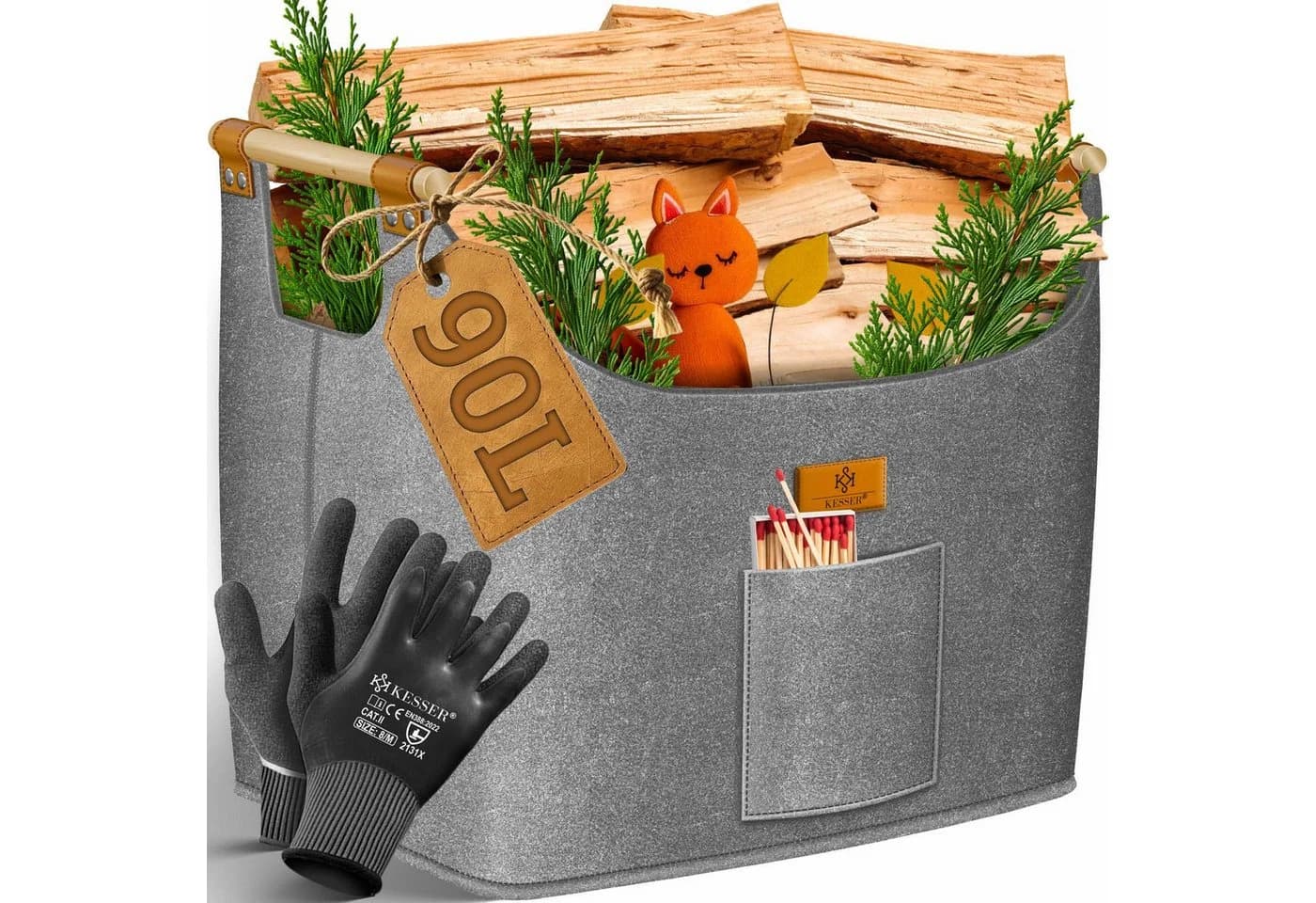 KESSER Brennholzkorb XL Filz mit Holzgriffen & Handschuhen - Bild 2