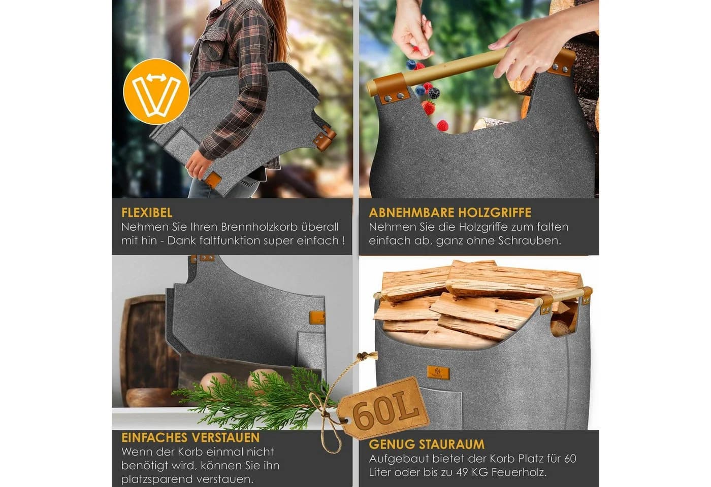 KESSER Brennholzkorb XL Filz mit Holzgriffen & Handschuhen - Bild 5