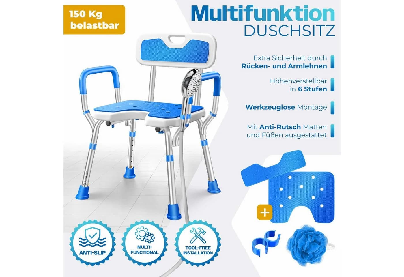 KESSER Duschhocker mit Lehne höhenverstellbar 150kg belastbar Weiss/Blau - Bild 2