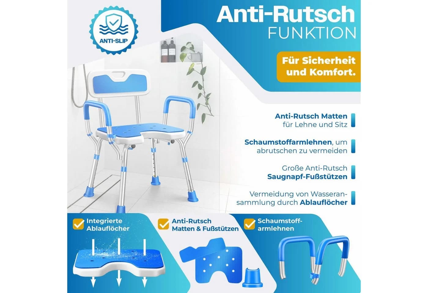 KESSER Duschhocker mit Lehne höhenverstellbar 150kg belastbar Weiss/Blau - Bild 4