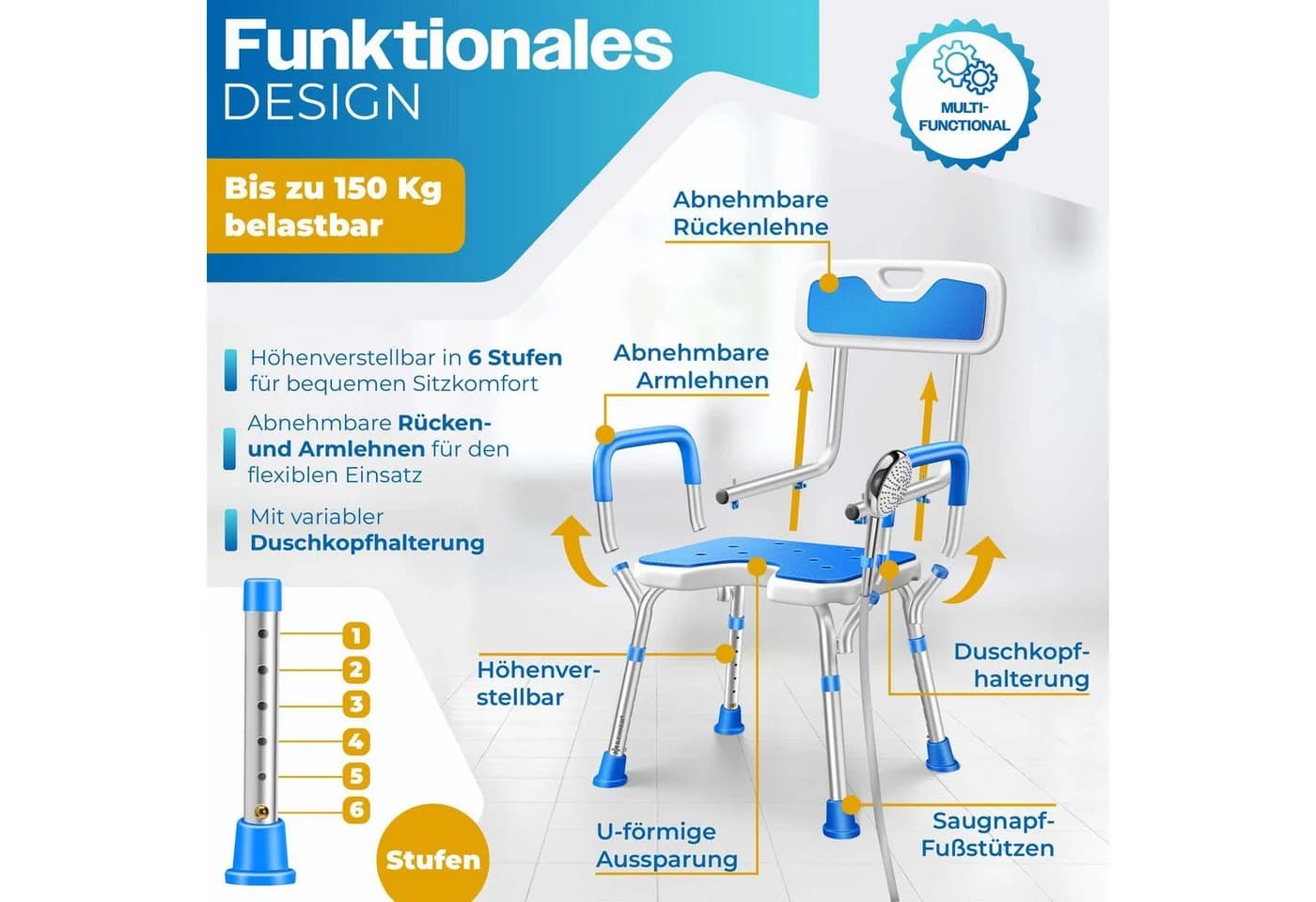 KESSER Duschhocker mit Lehne höhenverstellbar 150kg belastbar Weiss/Blau - Bild 5