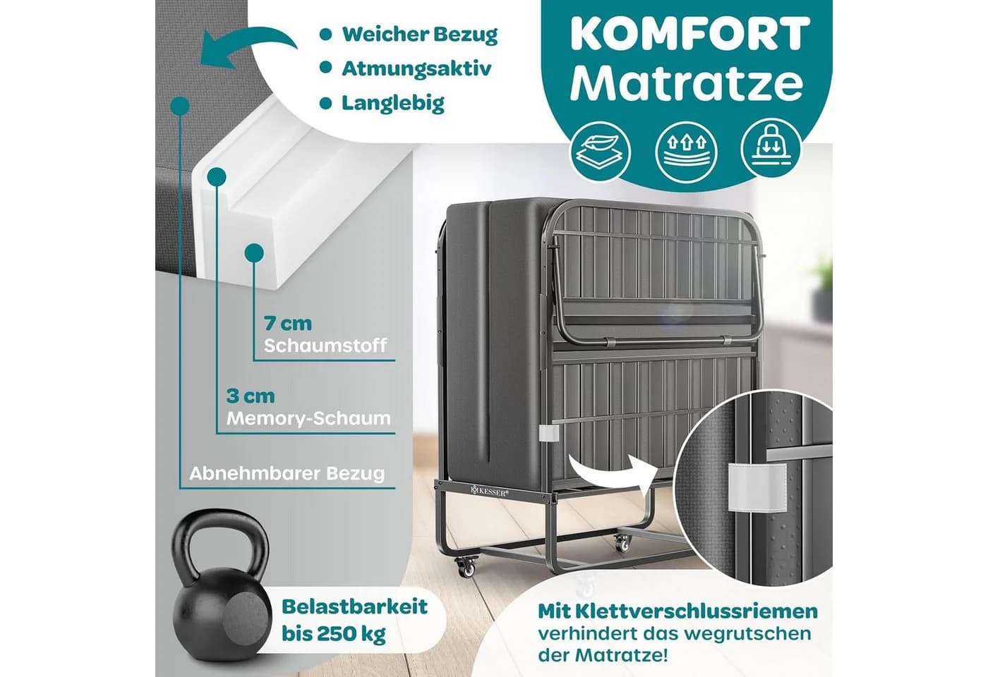 KESSER Gästebett 200x90cm Klappbett mit Metallrahmen und Memory-Schaum-Matratze - Bild 4