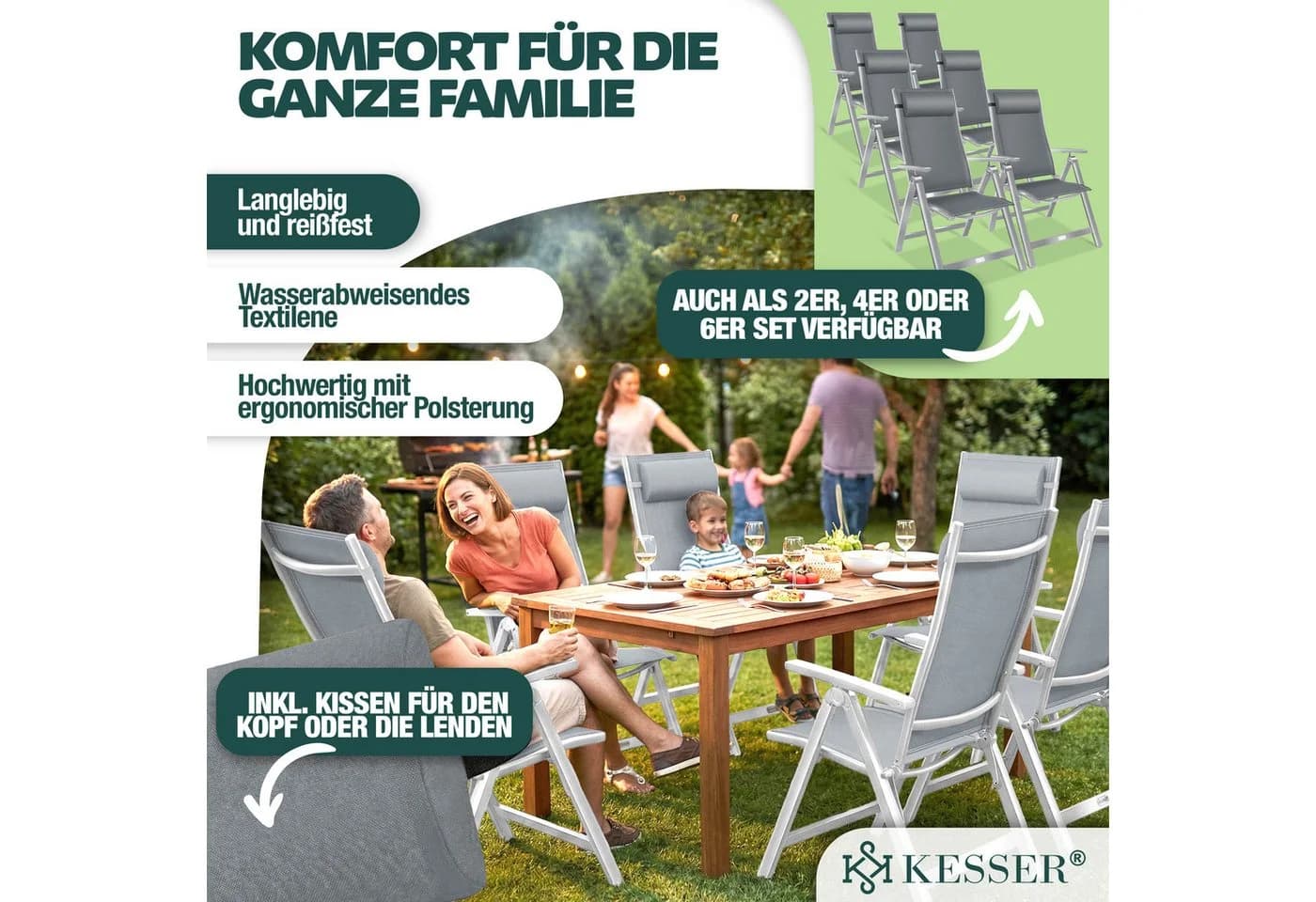 KESSER Gartenstuhl 6er Set Aluminium Hochlehner Klappstuhl mit Kissen