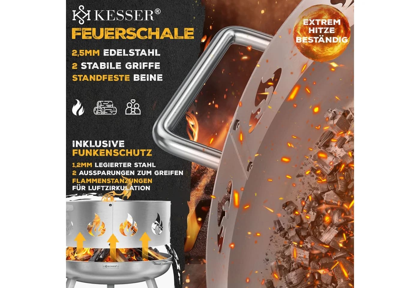 KESSER Feuerschale 60cm Stahl mit Wasserablauf & Feuerhaken