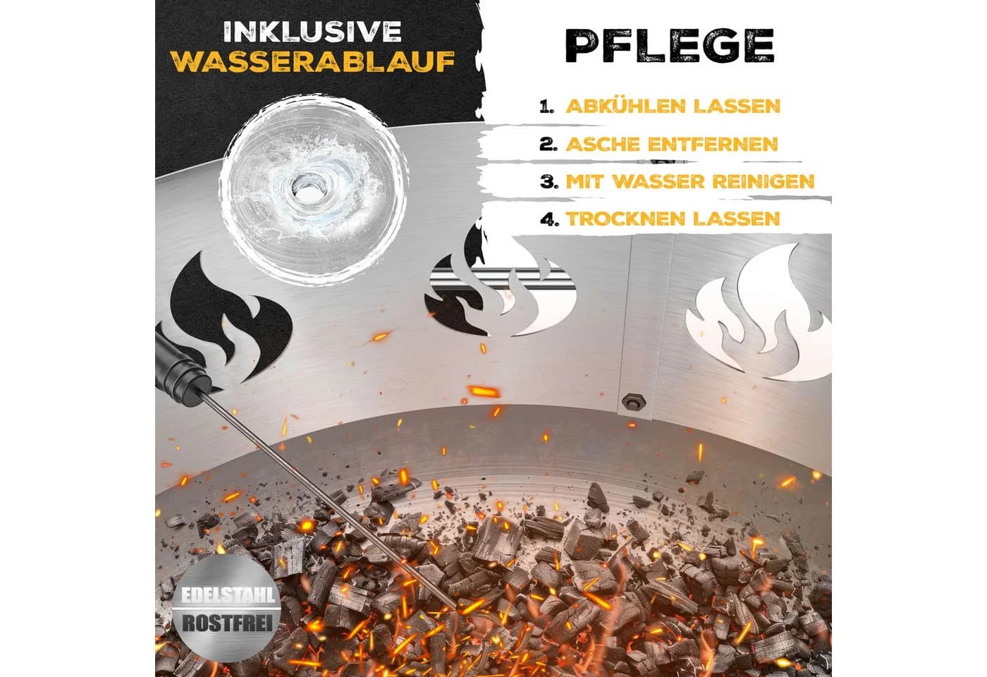 KESSER Feuerschale 60cm Stahl mit Wasserablauf & Feuerhaken - Bild 5
