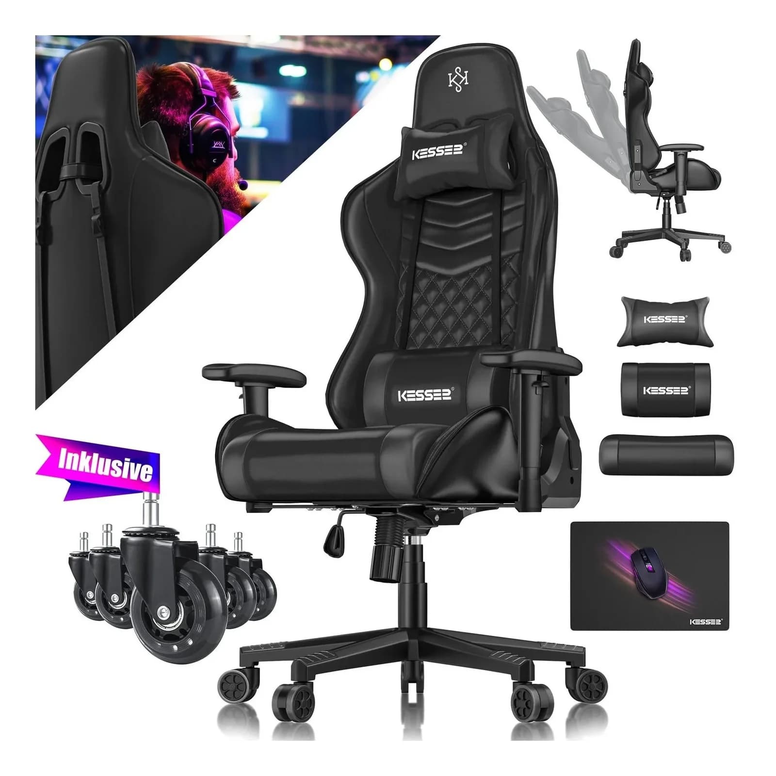 KESSER® Gaming Stuhl Ergonomisch mit Kopfstütze & Lendenkissen - Bild 2