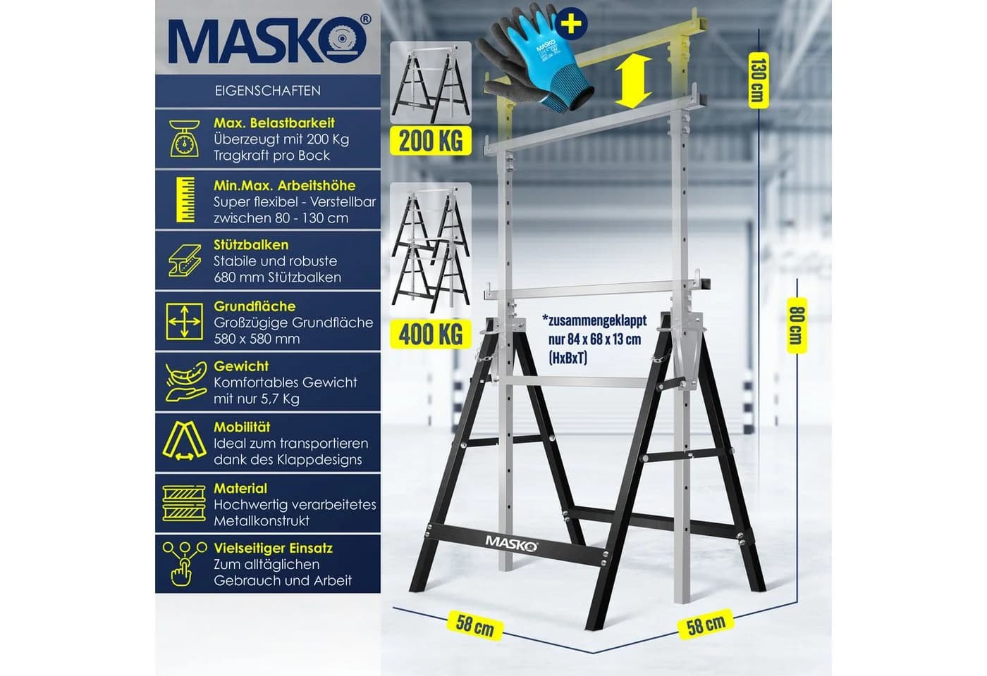 MASKO Teleskop-Arbeitsbock Klappbock 200 kg höhenverstellbar schwarz - Bild 2