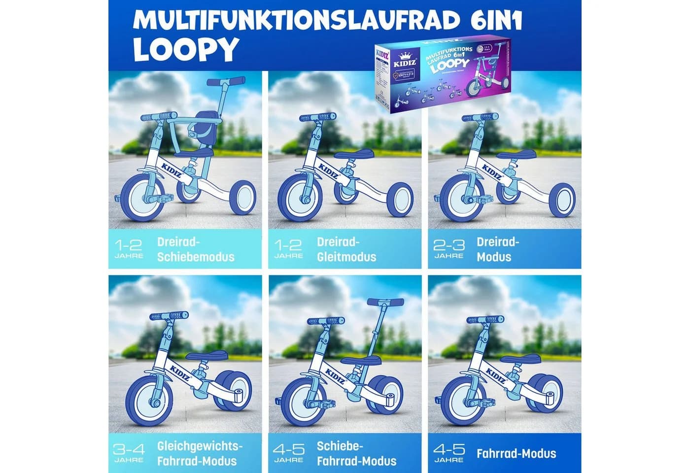 KIDIZ Laufrad 6in1 Dreirad Loopy Schwarz Kinderfahrzeug